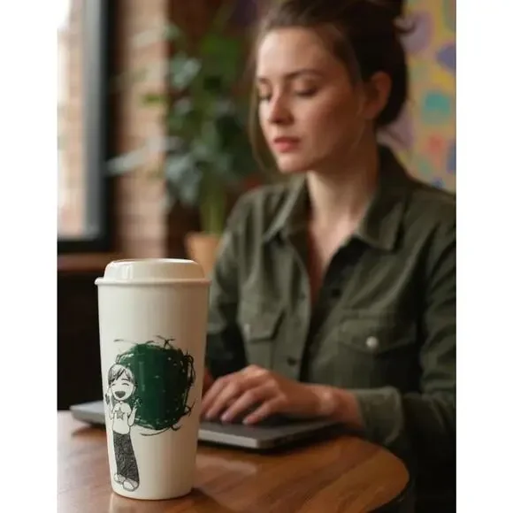 Starbucks 2015 Dot Collection Green Finger Paint Boy Ceramic Travel Mug 12oz - Picture 1 of 6